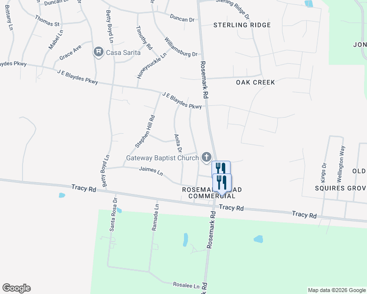 map of restaurants, bars, coffee shops, grocery stores, and more near 335 Blaydes Drive in Atoka