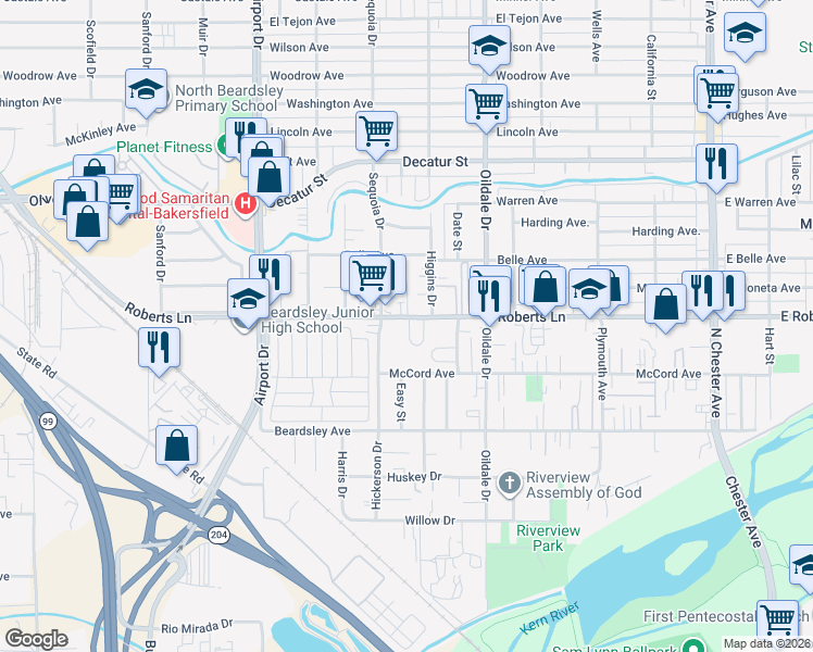 map of restaurants, bars, coffee shops, grocery stores, and more near 2 Roberts Lane in Bakersfield