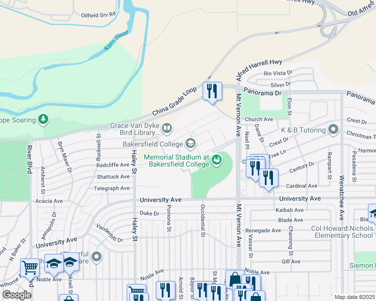 map of restaurants, bars, coffee shops, grocery stores, and more near 1885 Panorama Dr in Bakersfield