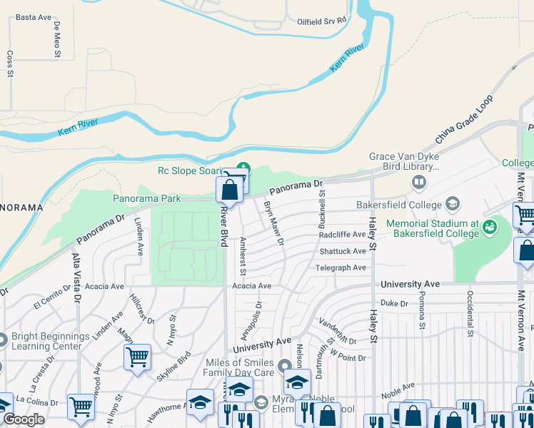 map of restaurants, bars, coffee shops, grocery stores, and more near 3828 Bryn Mawr Drive in Bakersfield