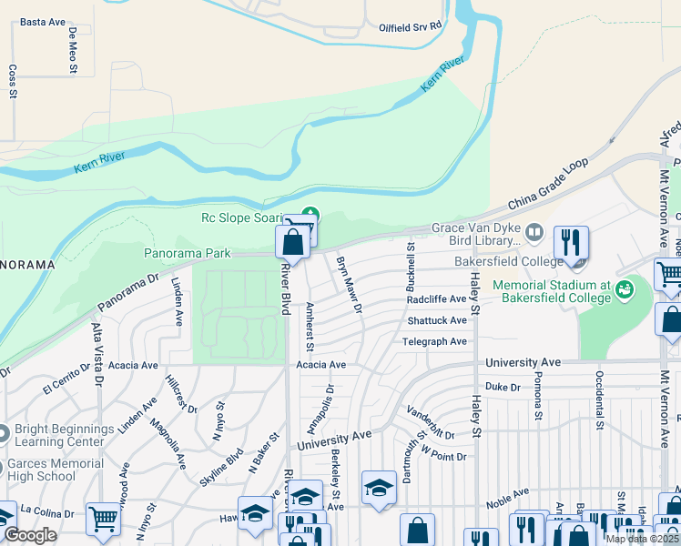 map of restaurants, bars, coffee shops, grocery stores, and more near 3830 Bryn Mawr Drive in Bakersfield