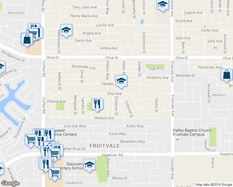 map of restaurants, bars, coffee shops, grocery stores, and more near 9900 Cimarron Street in Bakersfield