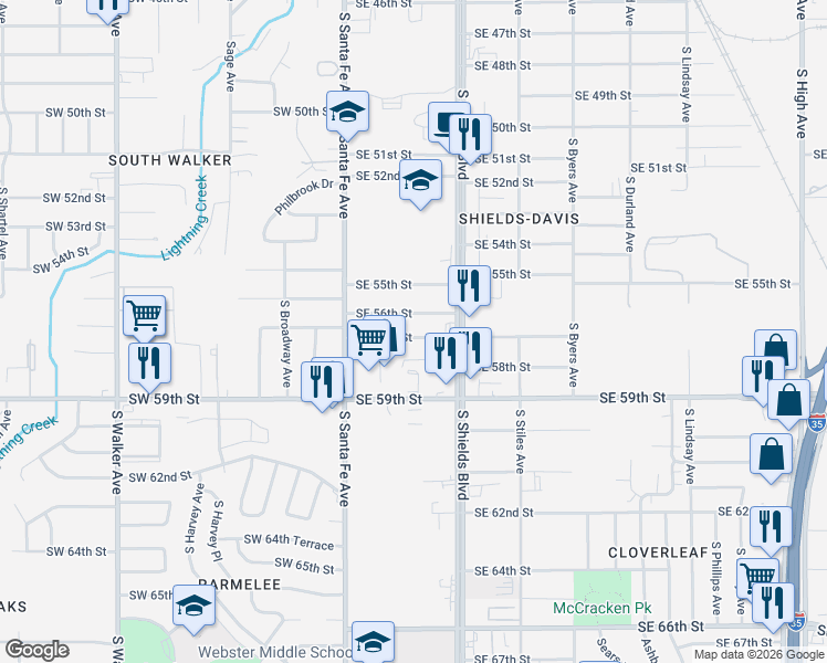 map of restaurants, bars, coffee shops, grocery stores, and more near 37 Southeast 56th Street in Oklahoma City