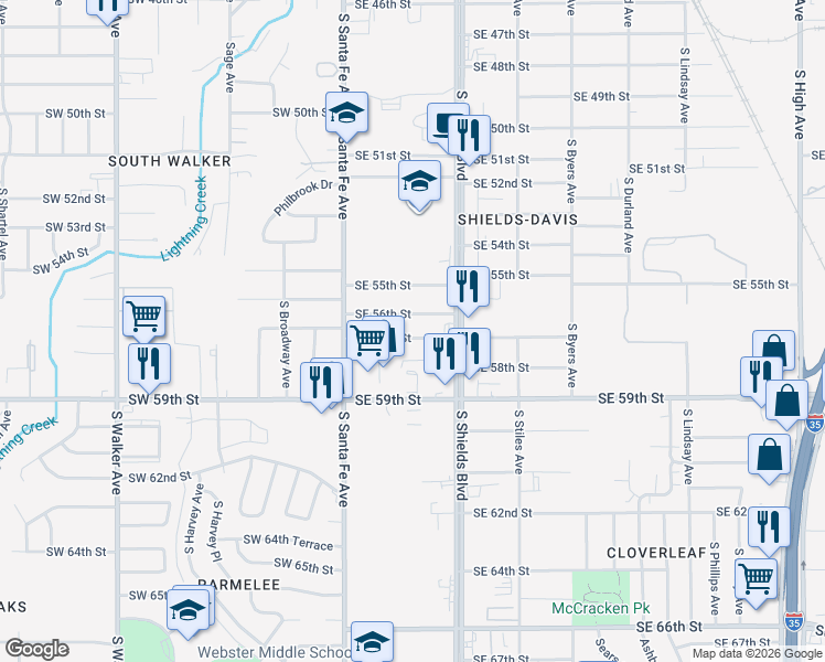 map of restaurants, bars, coffee shops, grocery stores, and more near 37 Southeast 56th Street in Oklahoma City