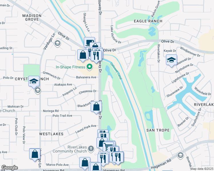 map of restaurants, bars, coffee shops, grocery stores, and more near 5414 Pelican Hill Drive in Bakersfield