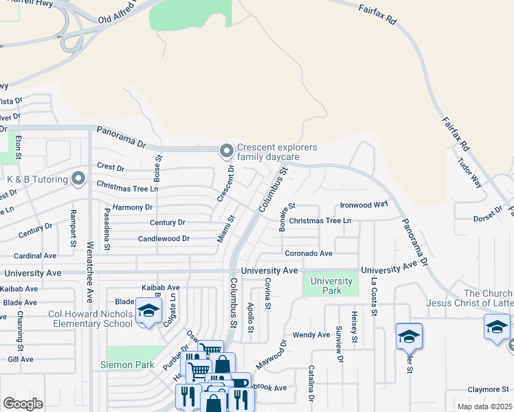 map of restaurants, bars, coffee shops, grocery stores, and more near 4648 Columbus Street in Bakersfield