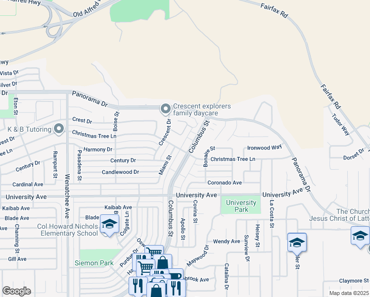 map of restaurants, bars, coffee shops, grocery stores, and more near 4648 Columbus Street in Bakersfield