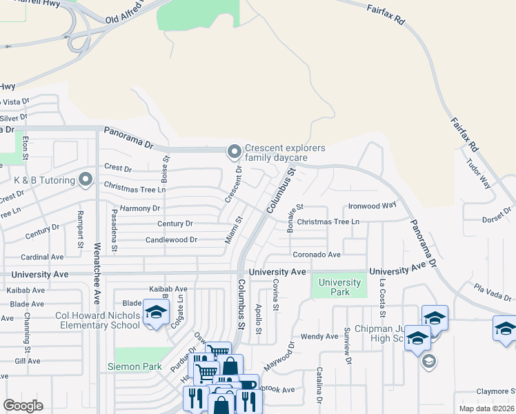 map of restaurants, bars, coffee shops, grocery stores, and more near 4648 Columbus Street in Bakersfield