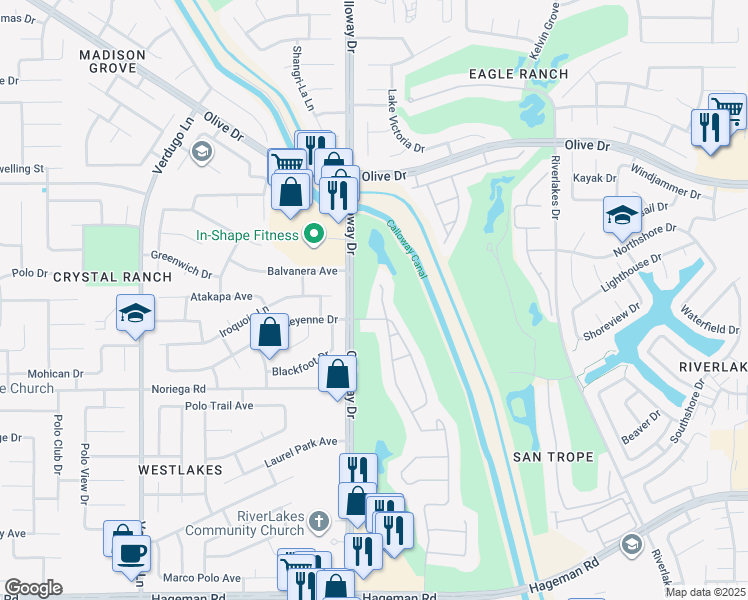 map of restaurants, bars, coffee shops, grocery stores, and more near 5414 Pelican Hill Drive in Bakersfield