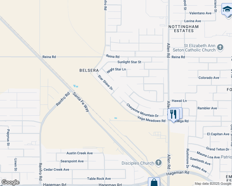 map of restaurants, bars, coffee shops, grocery stores, and more near 5415 Sun Down Way in Bakersfield