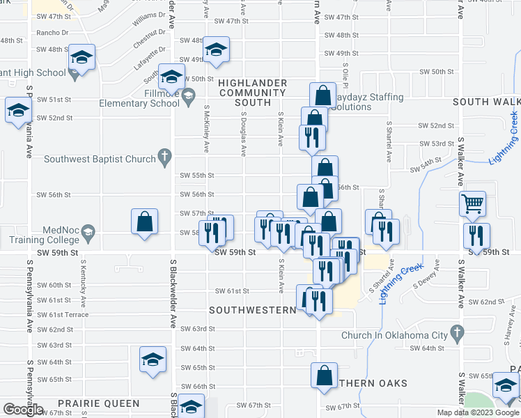 map of restaurants, bars, coffee shops, grocery stores, and more near 1008 Southwest 56th Street in Oklahoma City