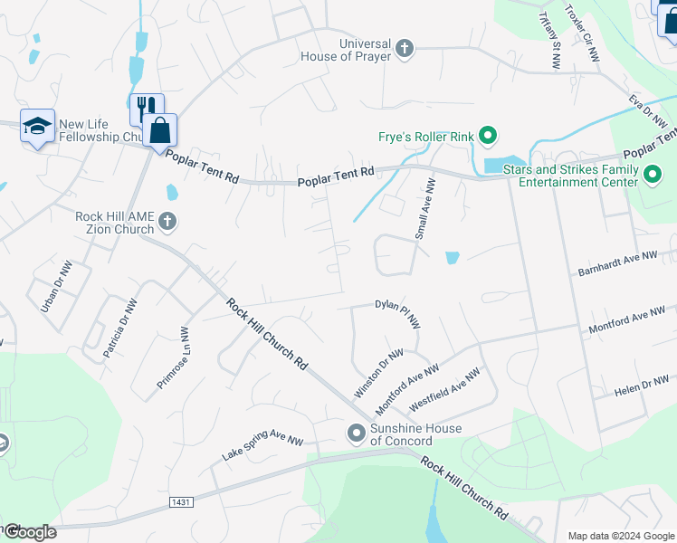 map of restaurants, bars, coffee shops, grocery stores, and more near 460 Allen Drive Northwest in Concord
