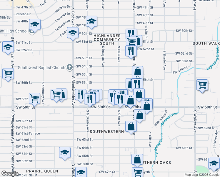 map of restaurants, bars, coffee shops, grocery stores, and more near 1008 Southwest 56th Street in Oklahoma City