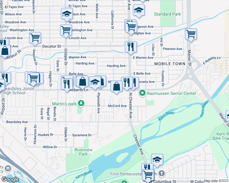 map of restaurants, bars, coffee shops, grocery stores, and more near 2 Roberts Lane in Bakersfield