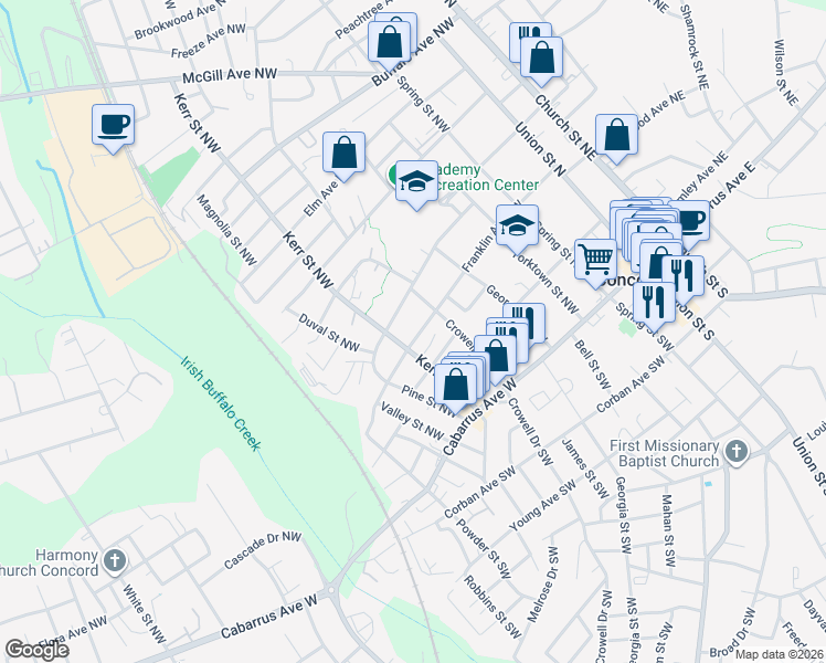 map of restaurants, bars, coffee shops, grocery stores, and more near 207 Cedar Drive Northwest in Concord