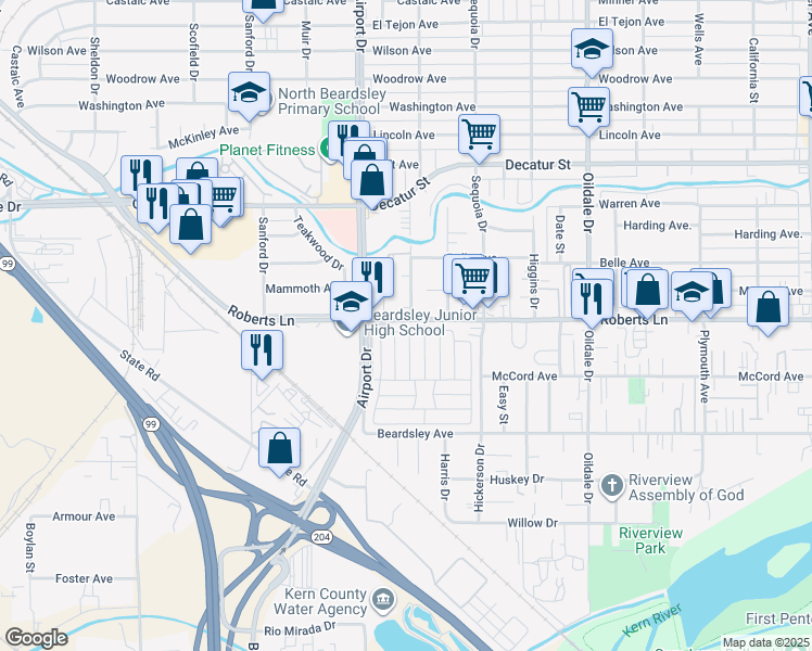 map of restaurants, bars, coffee shops, grocery stores, and more near 306 Kings Lane in Bakersfield
