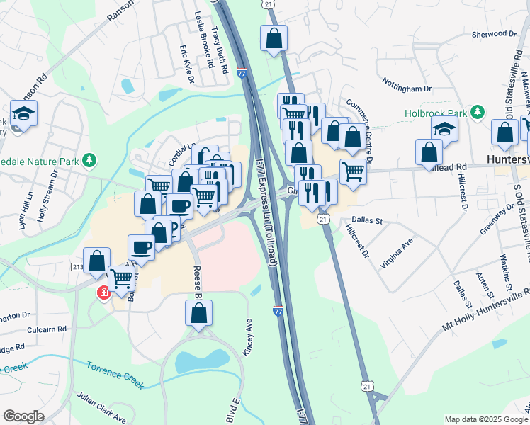 map of restaurants, bars, coffee shops, grocery stores, and more near Bill Lee Freeway in Huntersville