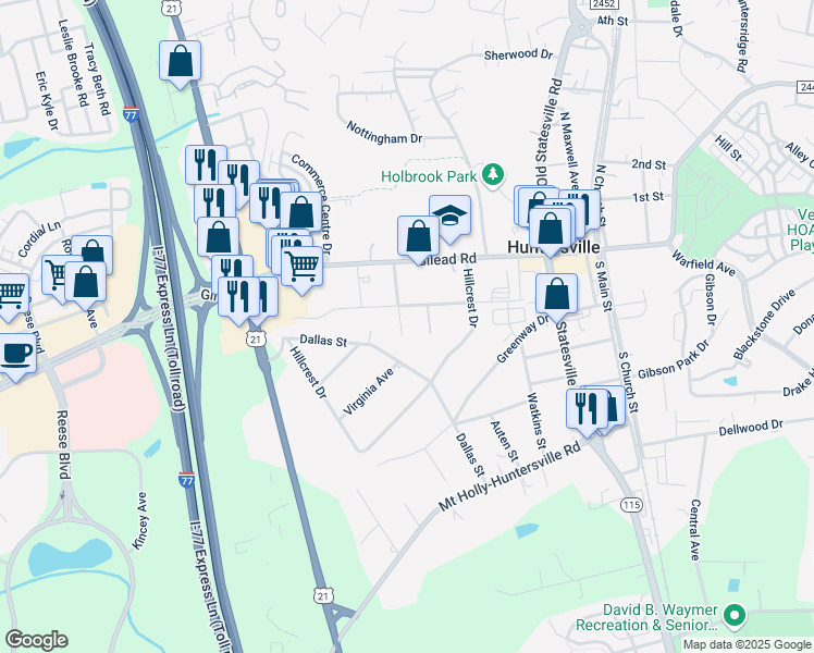 map of restaurants, bars, coffee shops, grocery stores, and more near 529 Holbrook Street in Huntersville