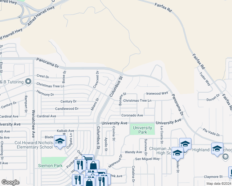 map of restaurants, bars, coffee shops, grocery stores, and more near 4721 Columbus Street in Bakersfield