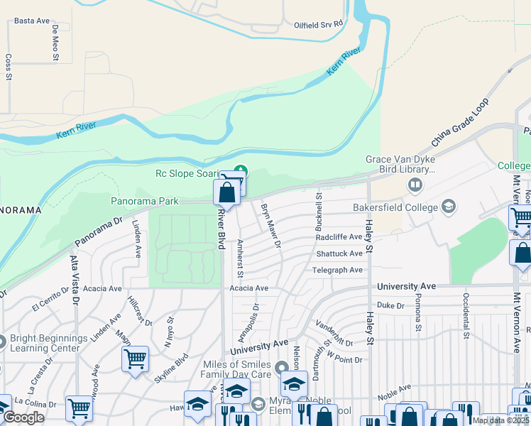 map of restaurants, bars, coffee shops, grocery stores, and more near 953 Panorama Drive in Bakersfield