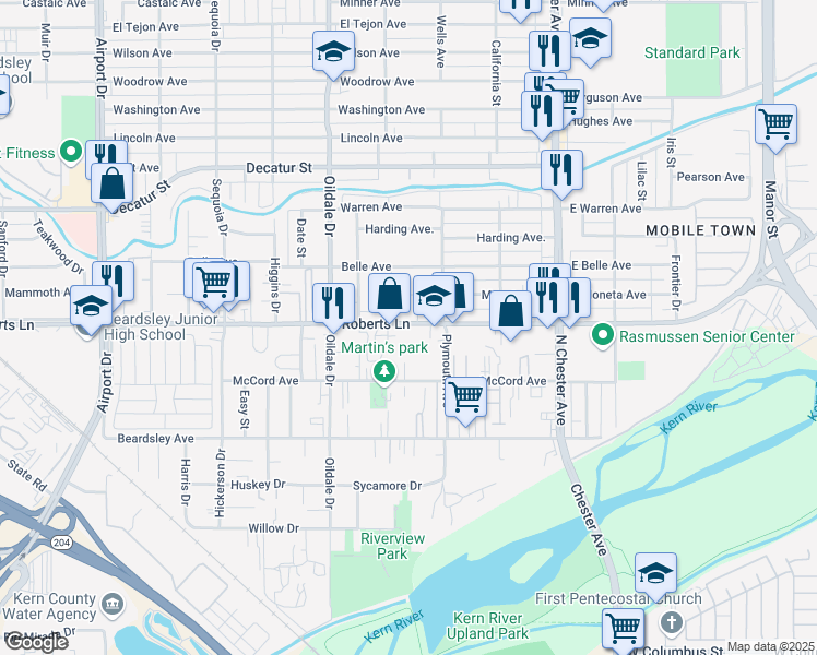 map of restaurants, bars, coffee shops, grocery stores, and more near 308 Roberts Lane in Bakersfield