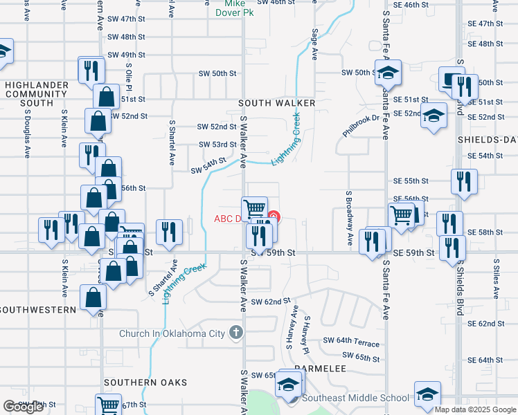map of restaurants, bars, coffee shops, grocery stores, and more near 500 Southwest 55th Street in Oklahoma City