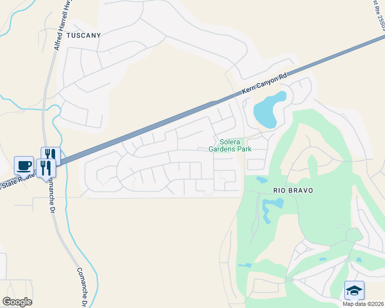 map of restaurants, bars, coffee shops, grocery stores, and more near 14105 Park Palisade Drive in Bakersfield
