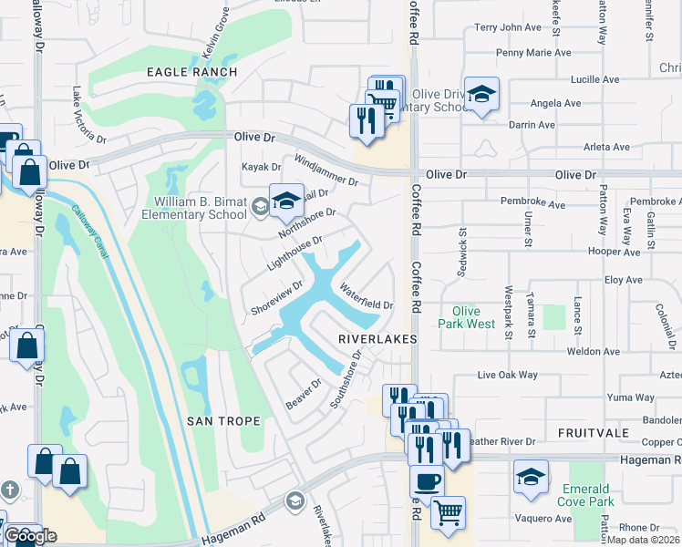 map of restaurants, bars, coffee shops, grocery stores, and more near 5403 Headlands Drive in Bakersfield