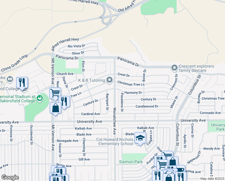 map of restaurants, bars, coffee shops, grocery stores, and more near 3017 Harmony Drive in Bakersfield