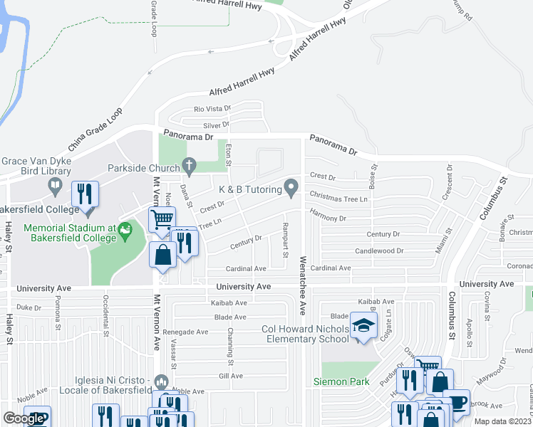 map of restaurants, bars, coffee shops, grocery stores, and more near 2900 Harmony Drive in Bakersfield