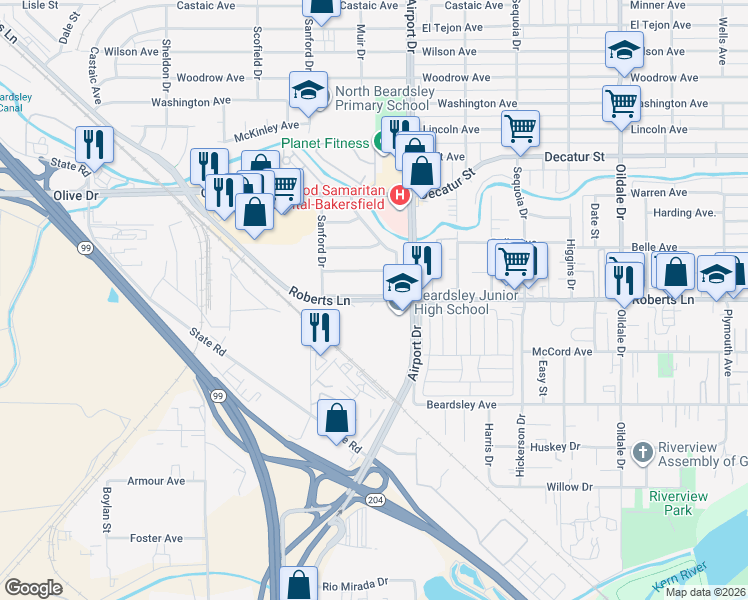 map of restaurants, bars, coffee shops, grocery stores, and more near 1001 Roberts Lane in Bakersfield
