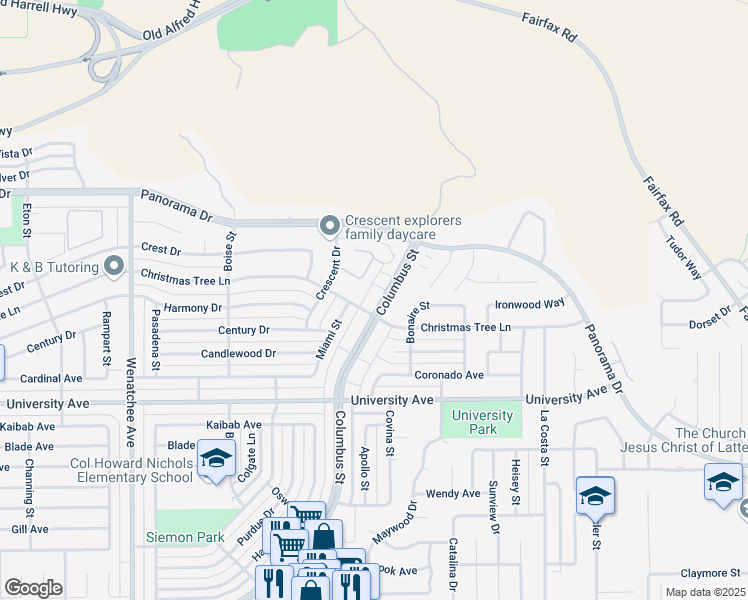 map of restaurants, bars, coffee shops, grocery stores, and more near 4648 Columbus Street in Bakersfield