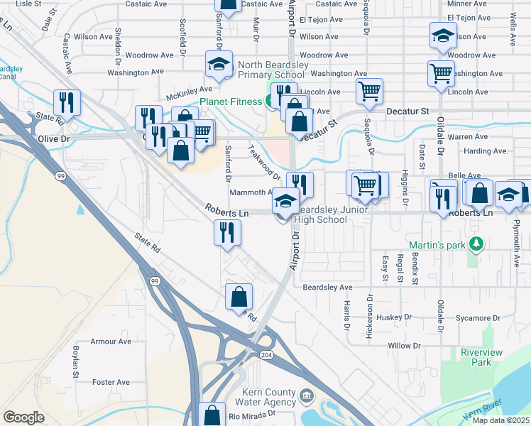 map of restaurants, bars, coffee shops, grocery stores, and more near 904 Roberts Lane in Bakersfield