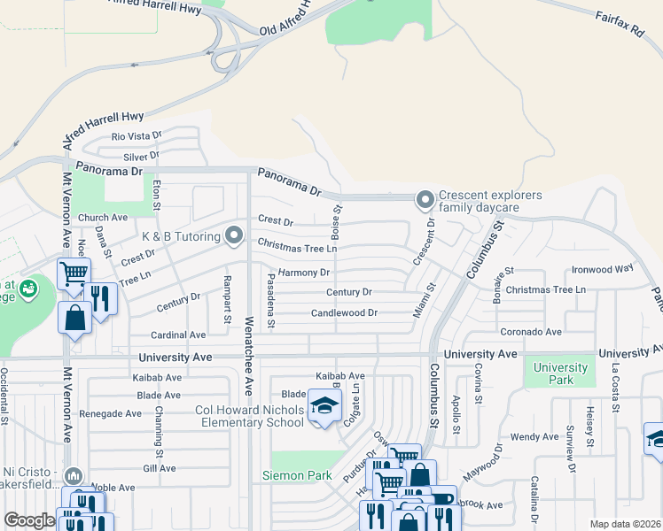 map of restaurants, bars, coffee shops, grocery stores, and more near 3501 Christmas Tree Lane in Bakersfield