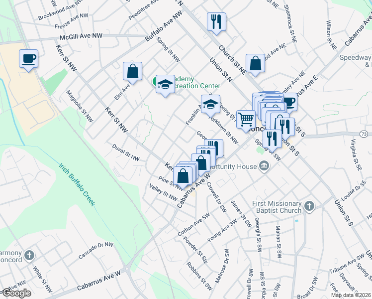 map of restaurants, bars, coffee shops, grocery stores, and more near 84 Crowell Drive Northwest in Concord