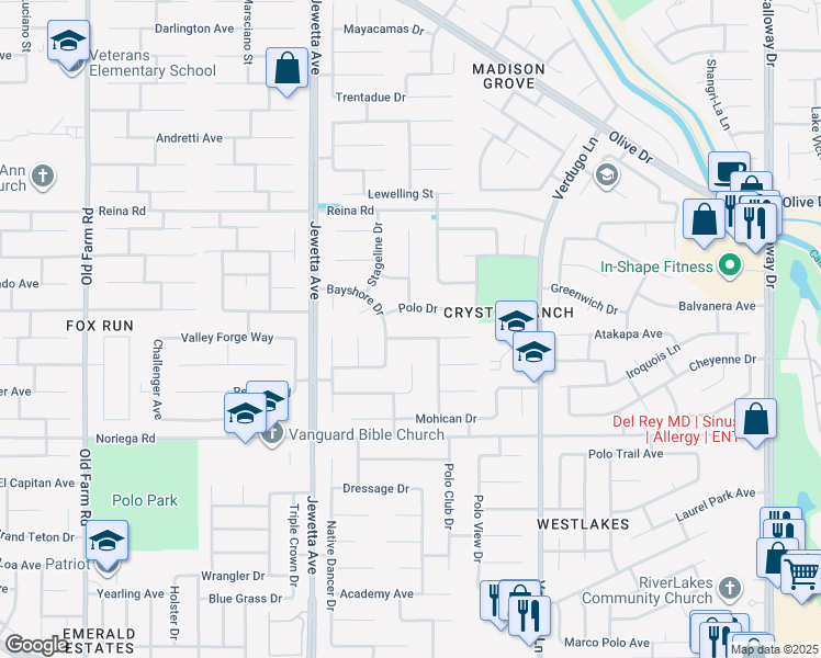 map of restaurants, bars, coffee shops, grocery stores, and more near 11000 Dapple Way in Bakersfield