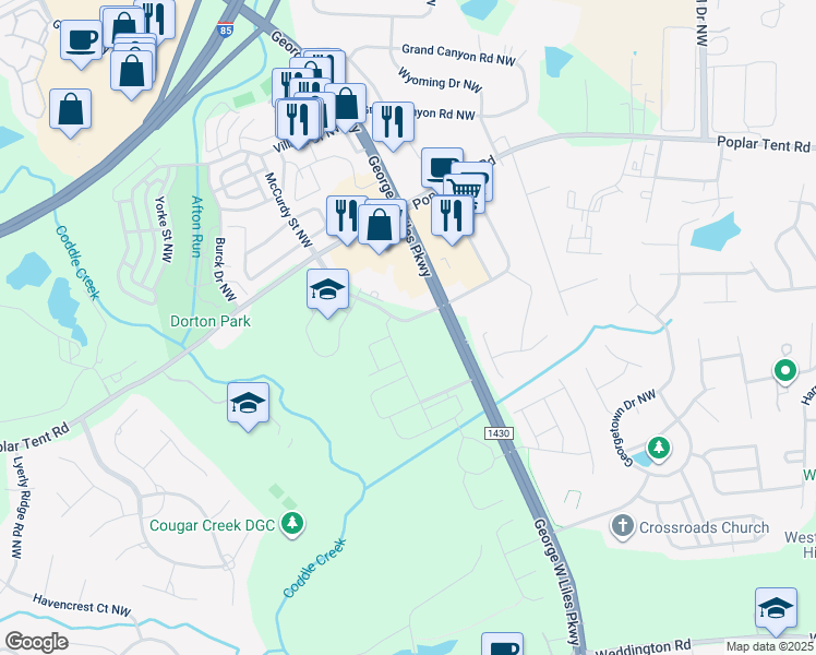 map of restaurants, bars, coffee shops, grocery stores, and more near 311 George W Liles Parkway in Concord