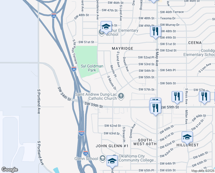 map of restaurants, bars, coffee shops, grocery stores, and more near 5420 South Independence Avenue in Oklahoma City