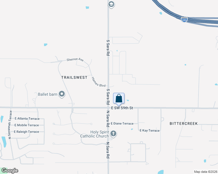 map of restaurants, bars, coffee shops, grocery stores, and more near 5700 South Sara Road in Mustang