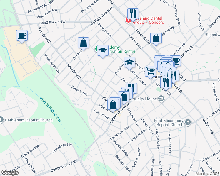 map of restaurants, bars, coffee shops, grocery stores, and more near 84 Crowell Drive Northwest in Concord