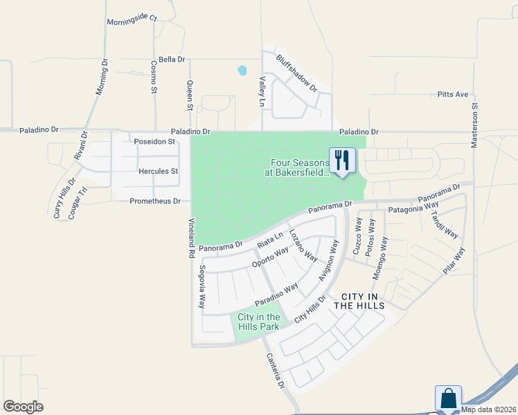 map of restaurants, bars, coffee shops, grocery stores, and more near 10032 Stockholm Place in Bakersfield
