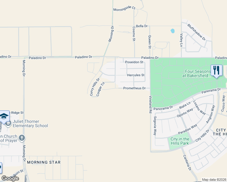 map of restaurants, bars, coffee shops, grocery stores, and more near 6303 Bountiful Hills Drive in Bakersfield