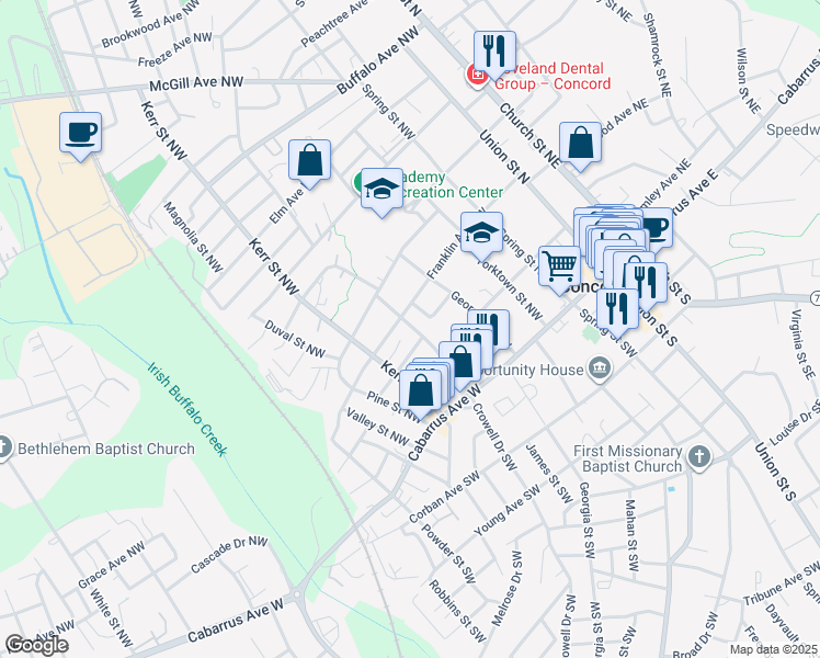 map of restaurants, bars, coffee shops, grocery stores, and more near 84 Crowell Drive Northwest in Concord