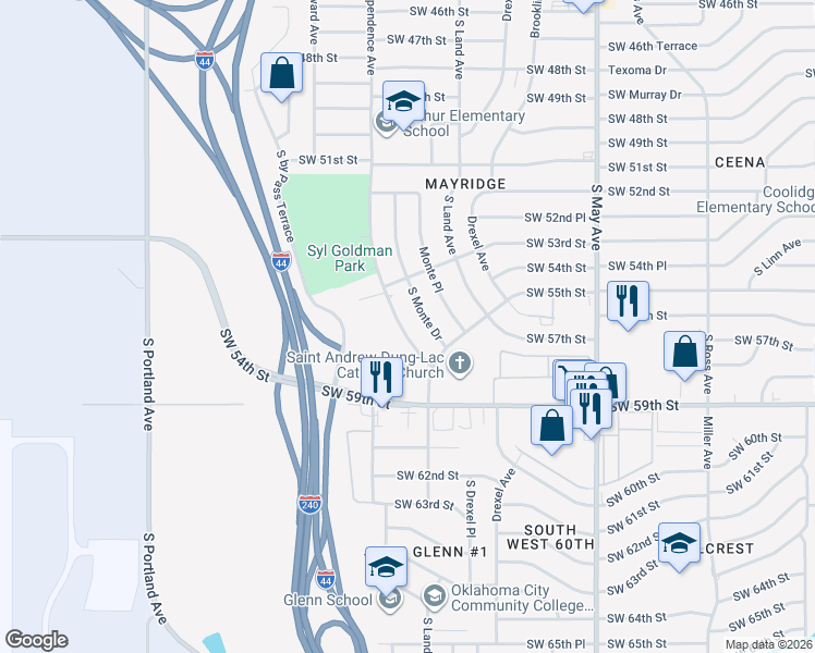map of restaurants, bars, coffee shops, grocery stores, and more near 5420 South Independence Avenue in Oklahoma City