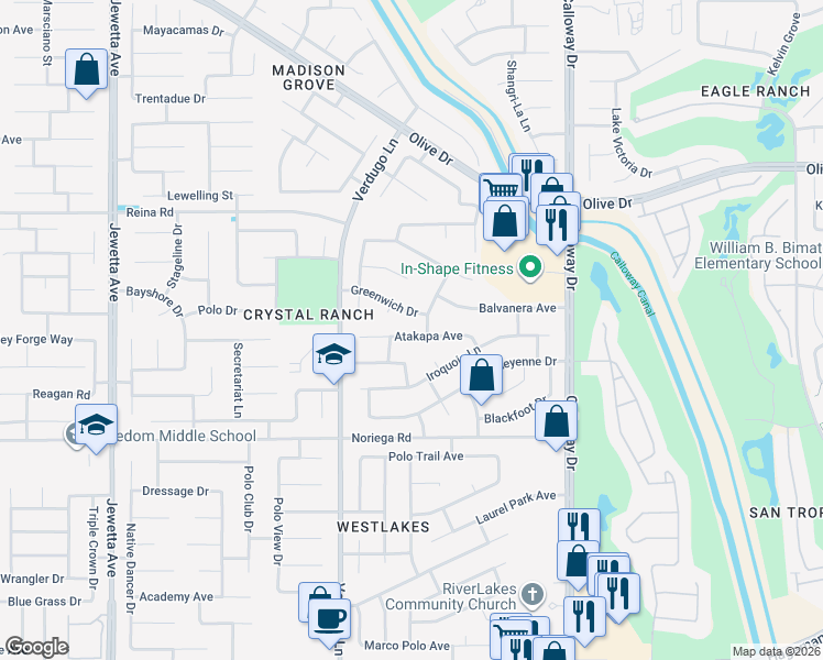map of restaurants, bars, coffee shops, grocery stores, and more near 10208 Atakapa Avenue in Bakersfield
