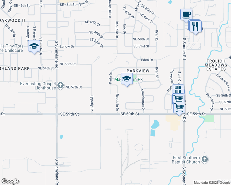 map of restaurants, bars, coffee shops, grocery stores, and more near 5701 Republic Drive in Oklahoma City