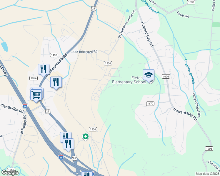 map of restaurants, bars, coffee shops, grocery stores, and more near 9 Pullen Lane in Fletcher