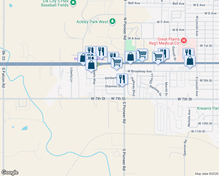 map of restaurants, bars, coffee shops, grocery stores, and more near 111 Shannon Drive in Elk City