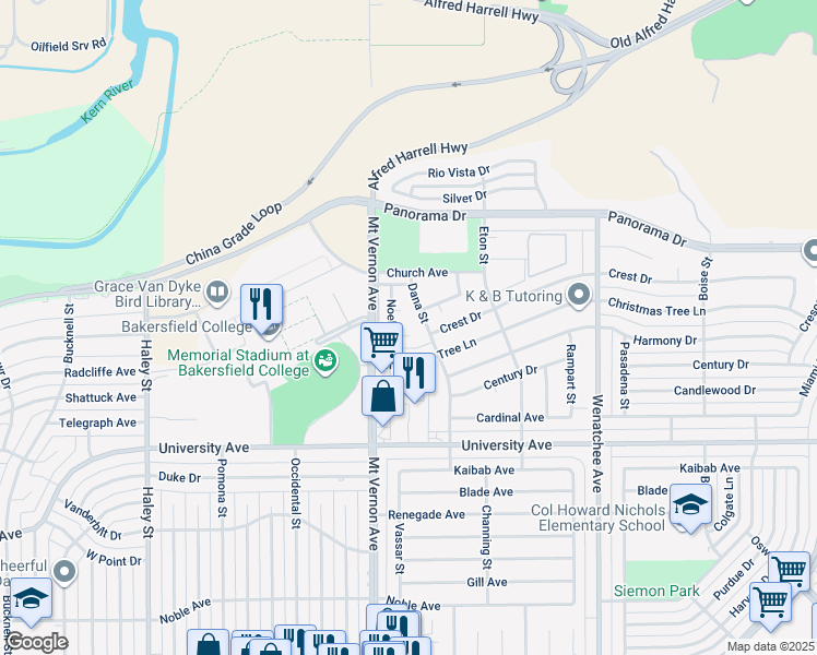 map of restaurants, bars, coffee shops, grocery stores, and more near 3817 Noel Place in Bakersfield