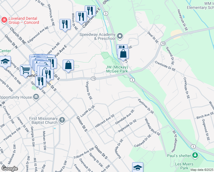 map of restaurants, bars, coffee shops, grocery stores, and more near 180 Riverbirch Drive Southeast in Concord